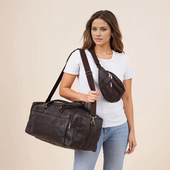 Royal Brown Genuine Patch Leather Duffle Bag with Shoulder Strap and Fanny Pack - Picture 6 of 6